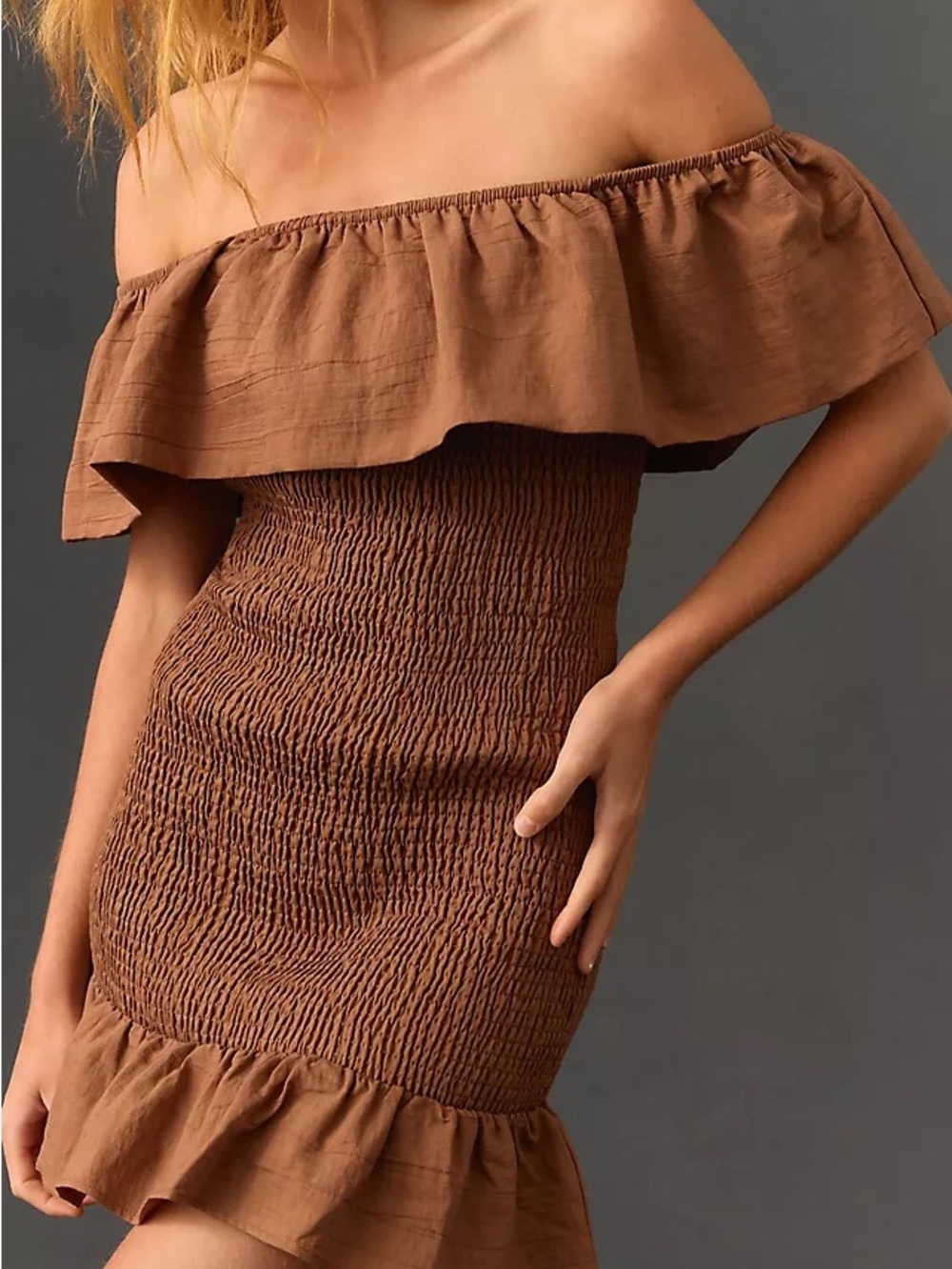 Anthropologie Smocked Mini Dress Brown Small Cottagecore Boho Prairie Ruffle
